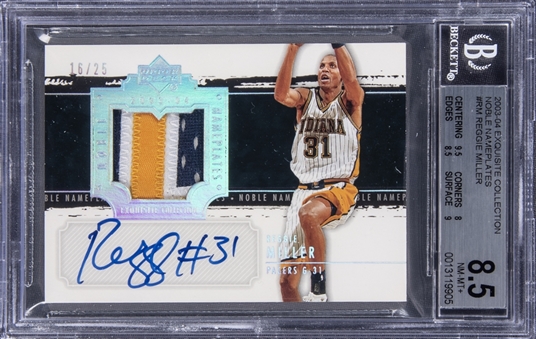 2003-04 UD "Exquisite Collection" Noble Nameplates #RM Reggie Miller Signed Game Used Patch Card (#16/25) – BGS NM-MT+ 8.5/BGS 10